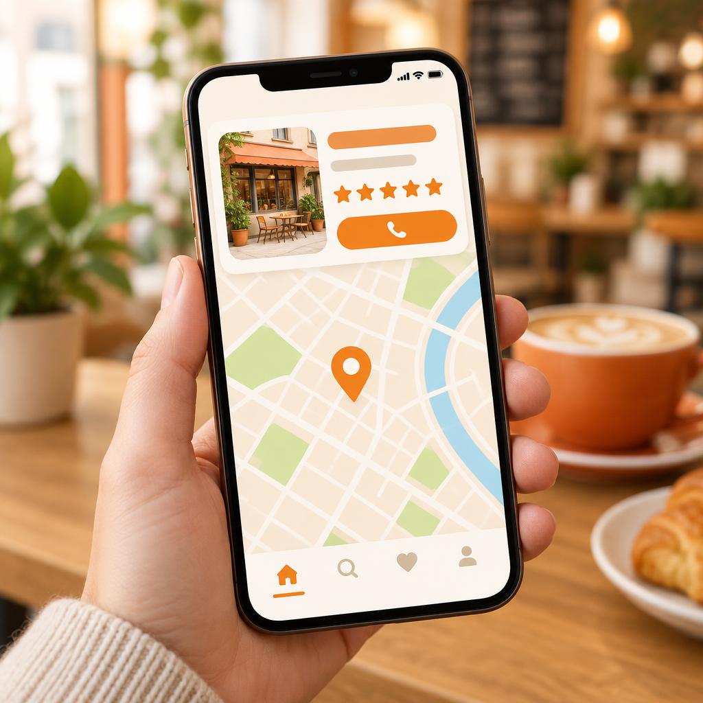 Smartphone showing a local business profile with a map, reviews, and call button